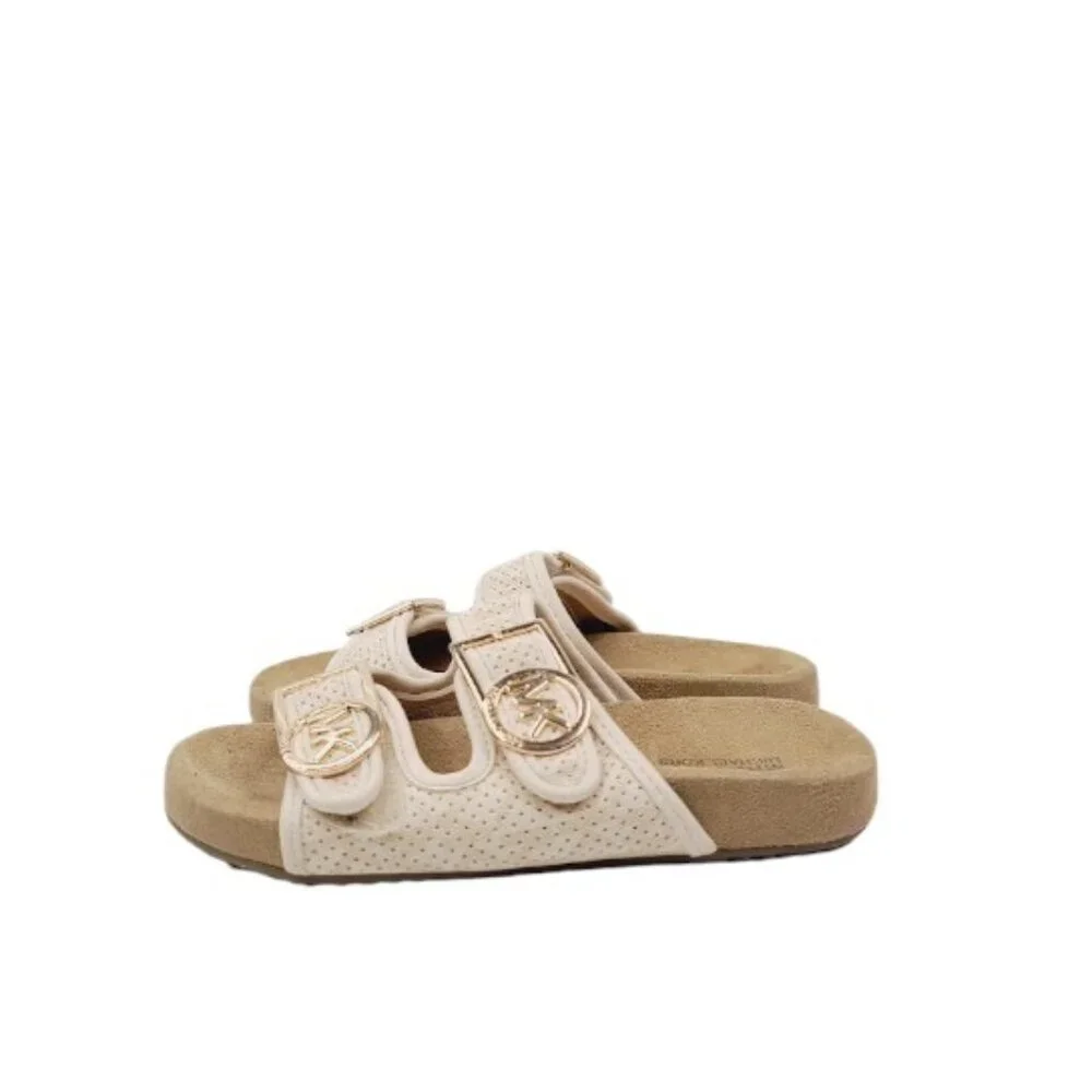 Michael Kors Girl's Beige Tan Zoria Double‎ Strap Logo Slip-On Slide Sandal 12